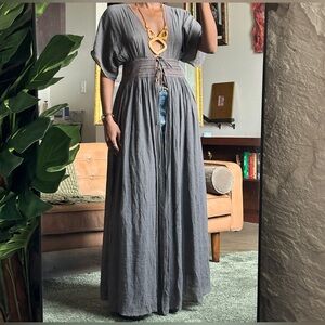 Grey Flowy Bohemian Maxi Cardigan with Tie Waist, Size S
